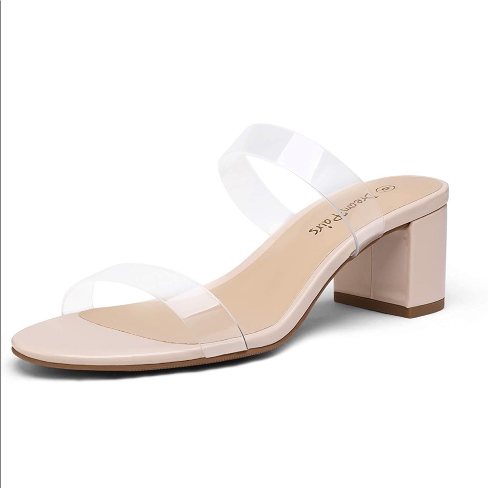 Brand new, never worn sandal. Chunky heel w 2 clear straps. Nude base. Size 8.